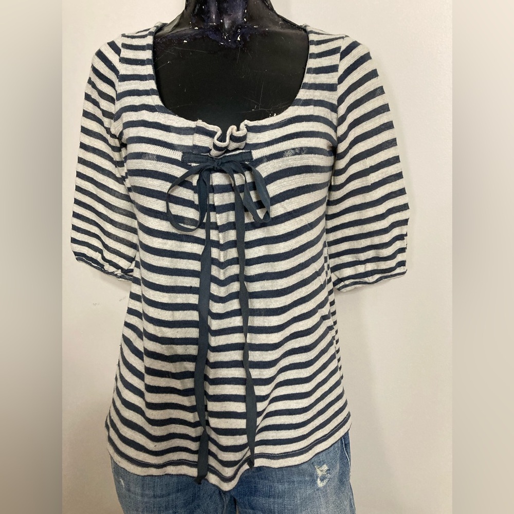 Striped Scoop Neck Tie-Front Top - Navy & White
Item# TSct26
